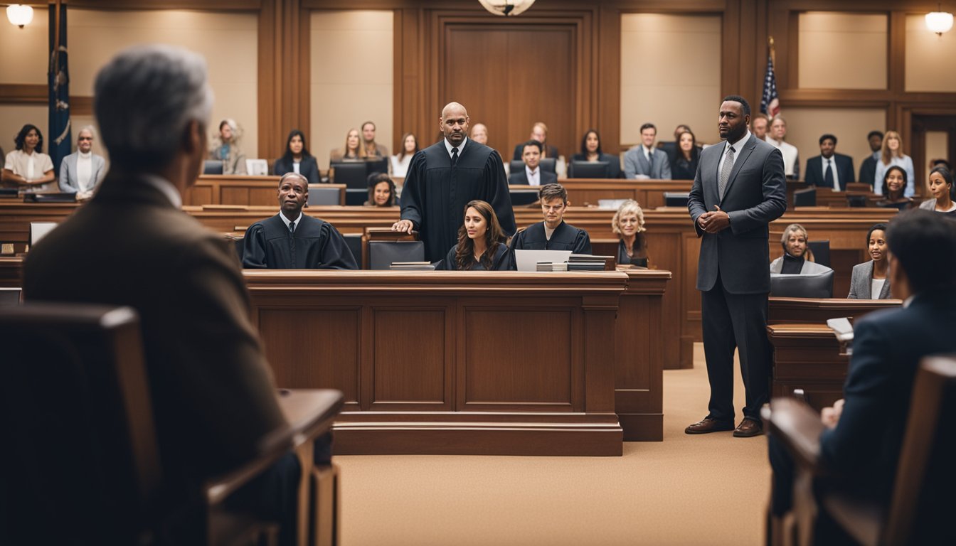 A courtroom setting with a judge presiding over a case, lawyers presenting arguments, and a defendant sitting at the center, surrounded by onlookers